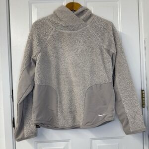 Nike Sherpa Therma Fleece‎ Beige/Taupe Womens Pullover Training Hoodie Sz Small